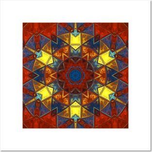 Mosaic Mandala Flower Yellow Red and Blue Posters and Art